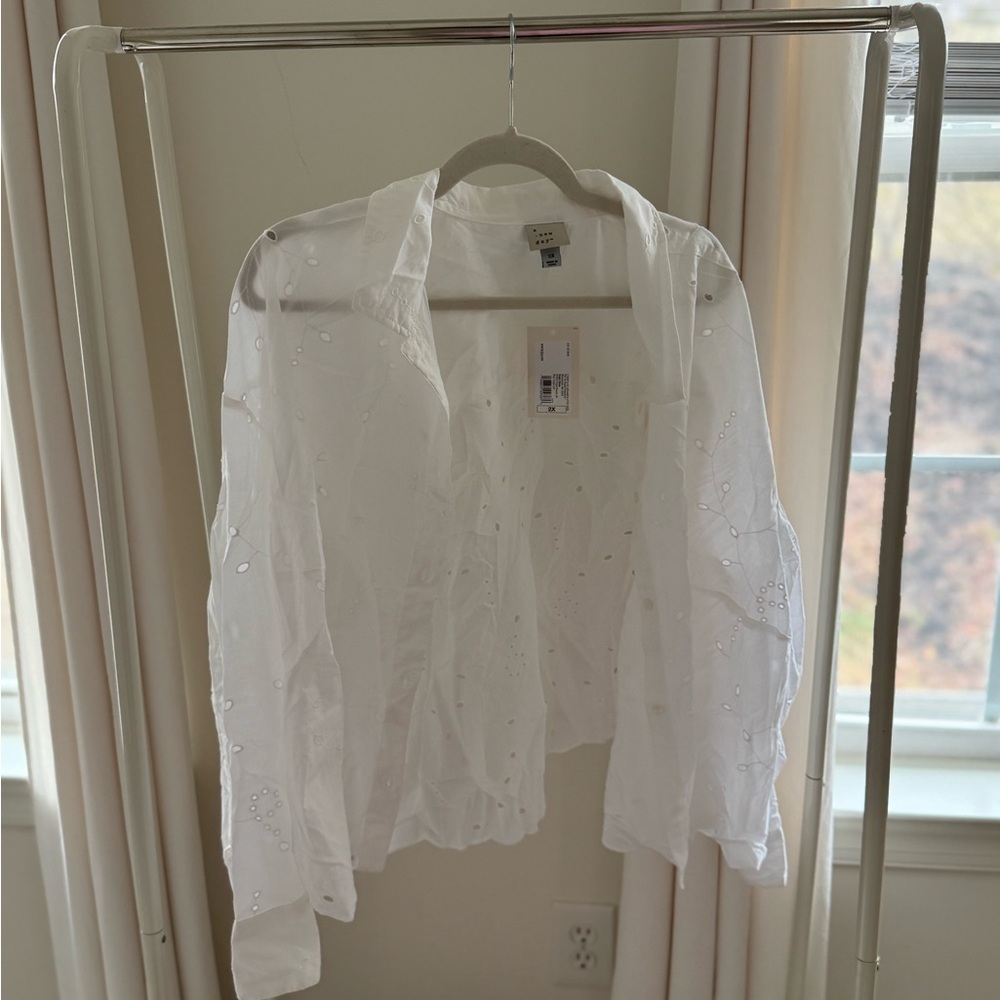 White Eyelet Button-Down Shirt & Short Set